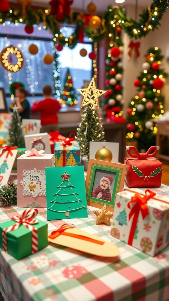 Creative Christmas Gift Ideas Made by Kids A table filled with handmade Christmas gifts by kids, featuring ornaments, photo frames, and holiday cards.